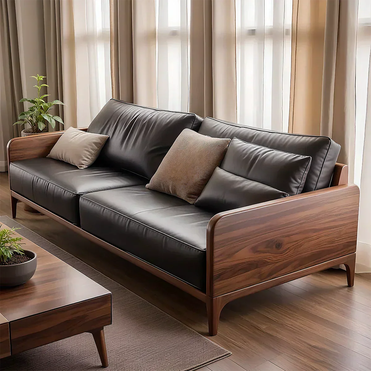 Handcrafted Solid Wood Leather Sofa – Premium Modern Design - Rustiracraft