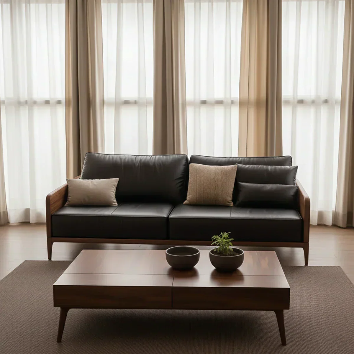 Handcrafted Solid Wood Leather Sofa – Premium Modern Design - Rustiracraft