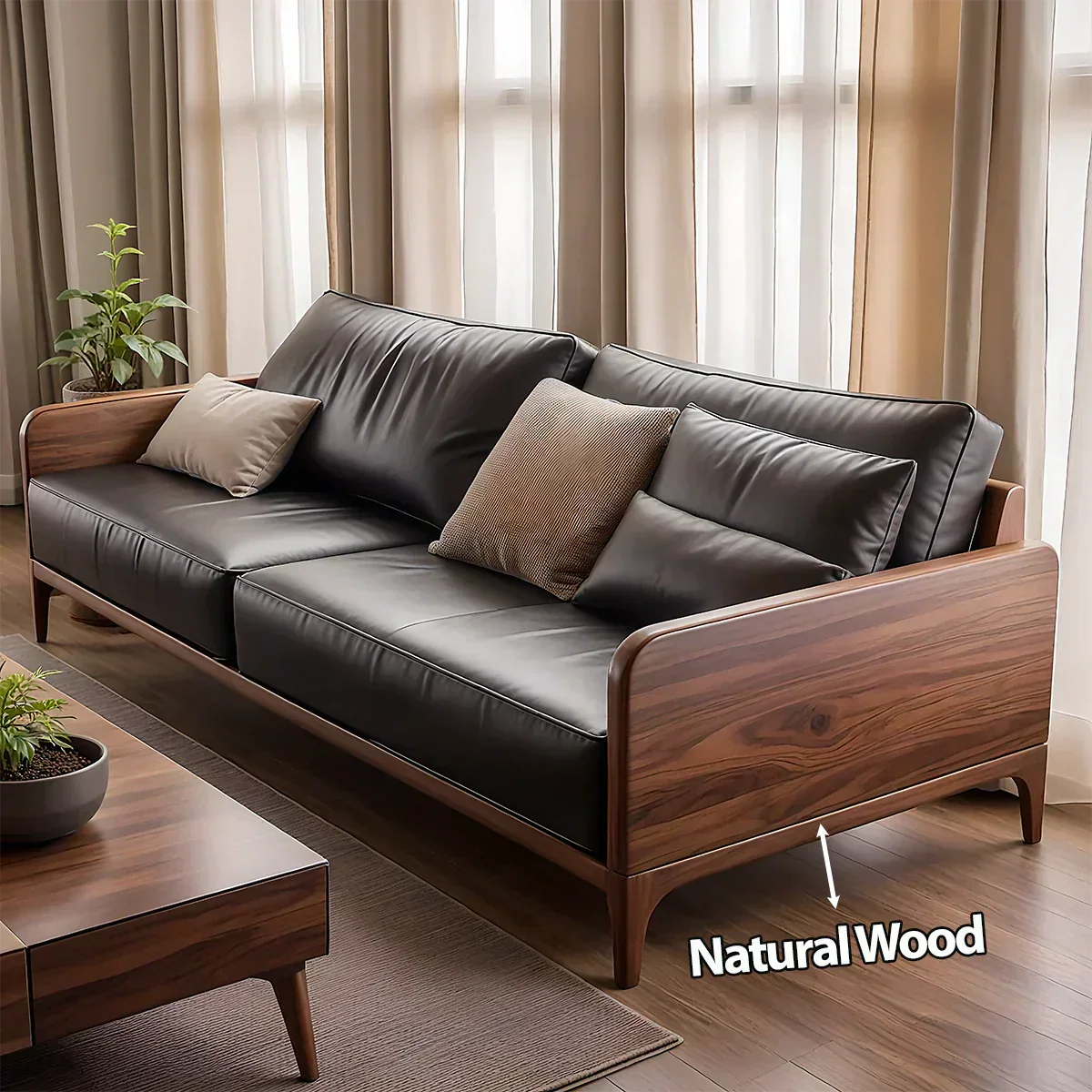 Handcrafted Solid Wood Leather Sofa – Premium Modern Design - Rustiracraft