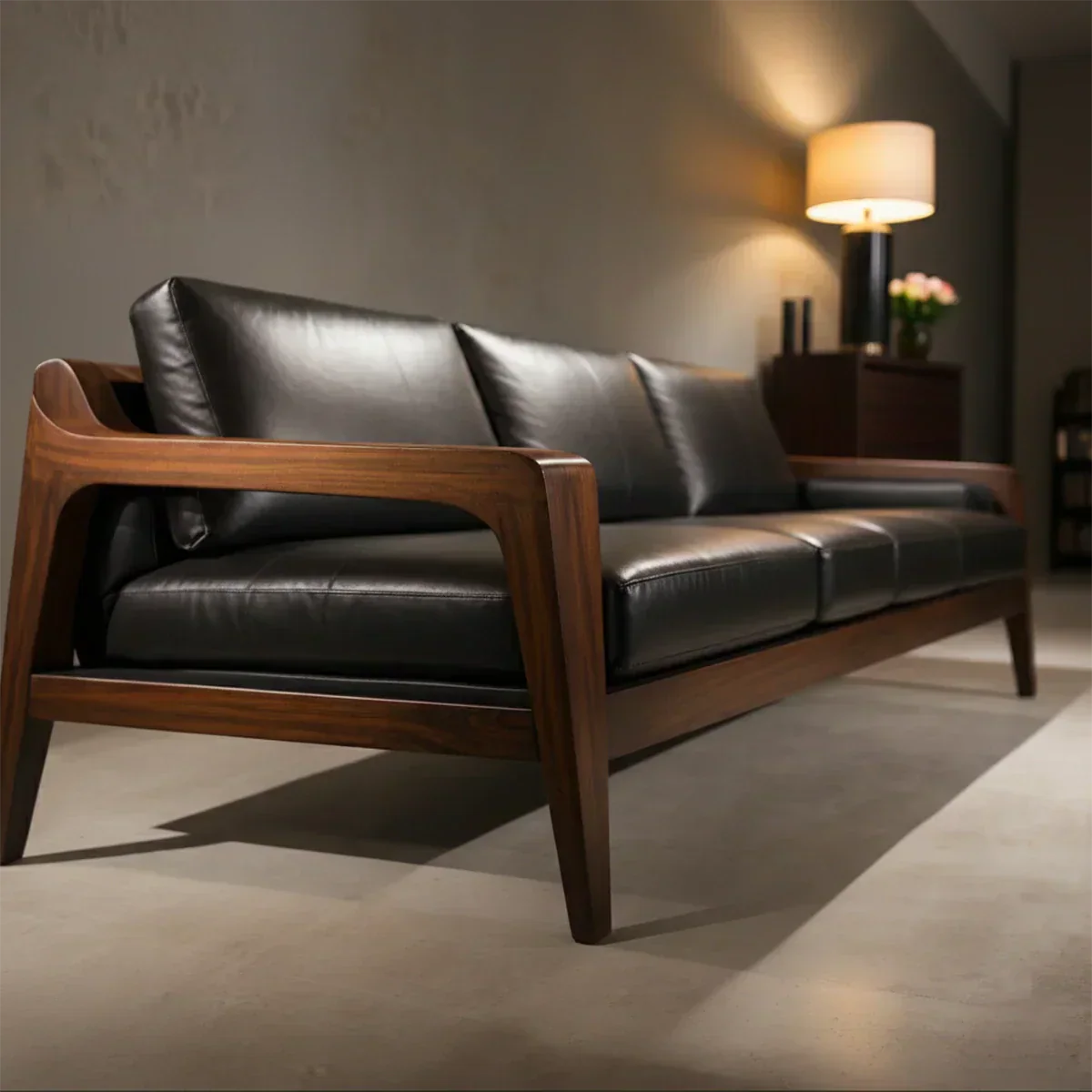 Handcrafted Solid Wood Leather Sofa – Premium Modern Elegance - Rustiracraft