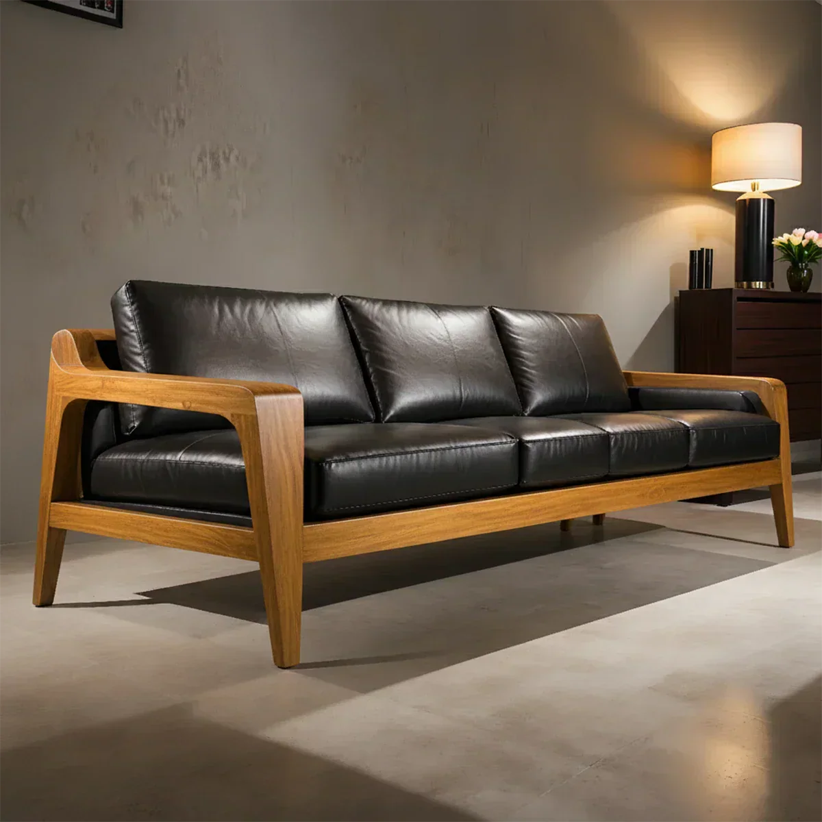 Handcrafted Solid Wood Leather Sofa – Premium Modern Elegance - Rustiracraft