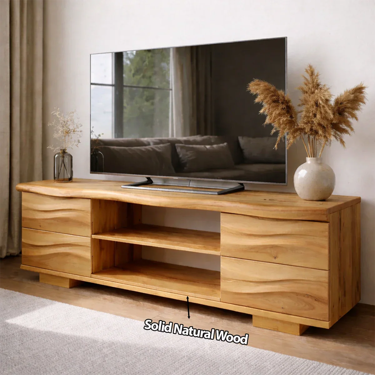 Handcrafted Solid Wood TV Stand with Double Drawer Storage and Open Center Shelves - Rustiracraft