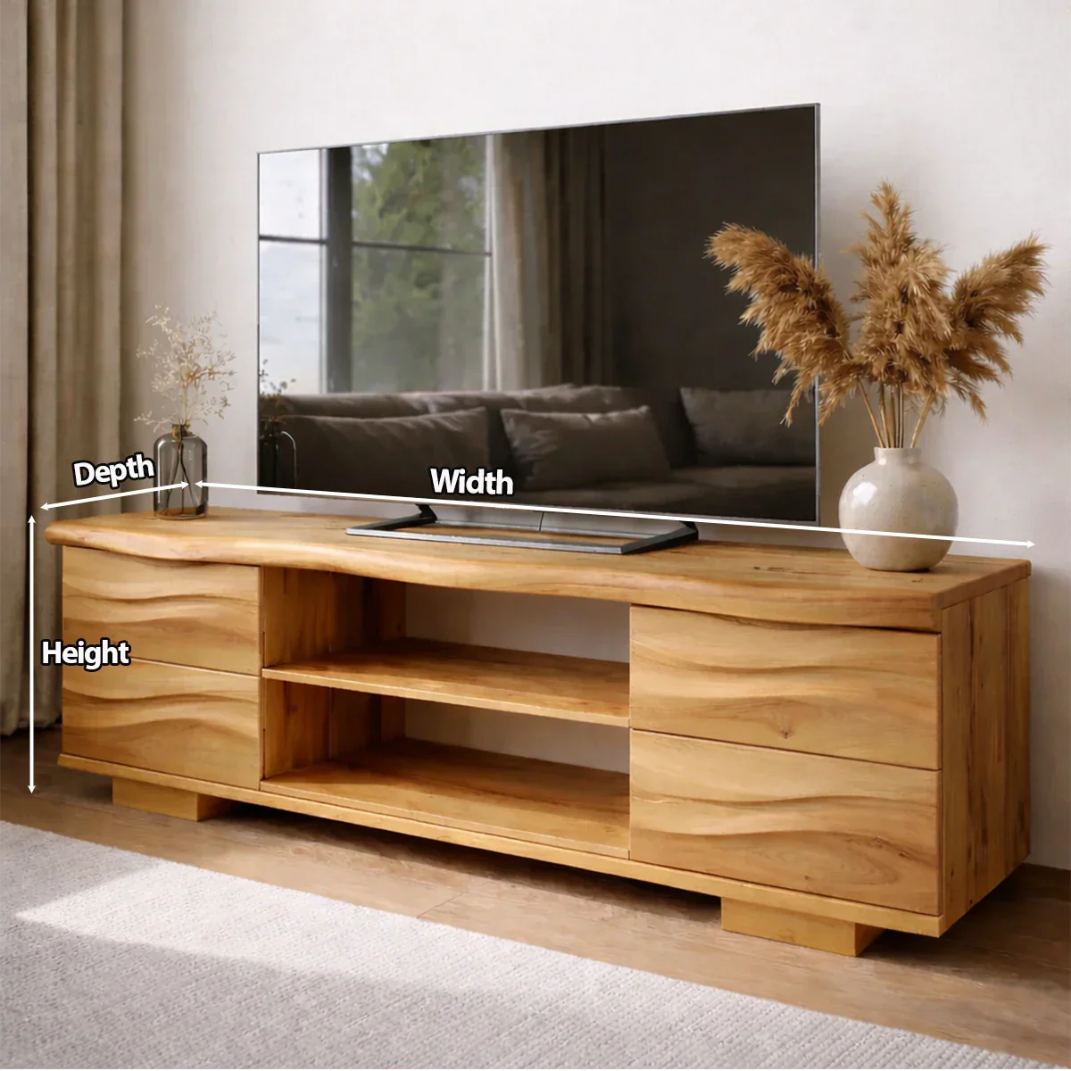 Handcrafted Solid Wood TV Stand with Double Drawer Storage and Open Center Shelves - Rustiracraft