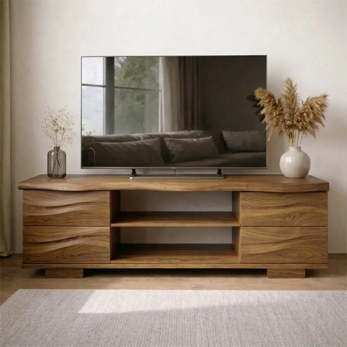 Handcrafted Solid Wood TV Stand with Double Drawer Storage and Open Center Shelves - Rustiracraft