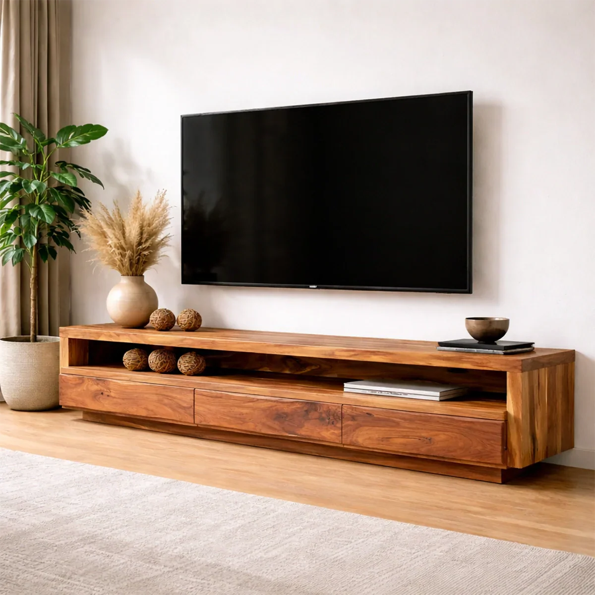 Handcrafted Solid Wood TV Stand with Full-Length Open Shelf and Hidden Drawer Storage - Rustiracraft