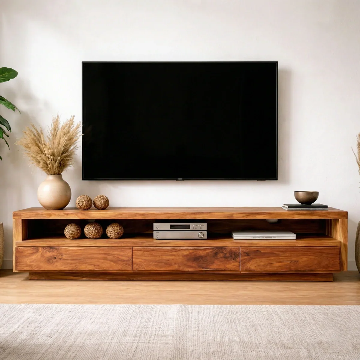 Handcrafted Solid Wood TV Stand with Full-Length Open Shelf and Hidden Drawer Storage - Rustiracraft