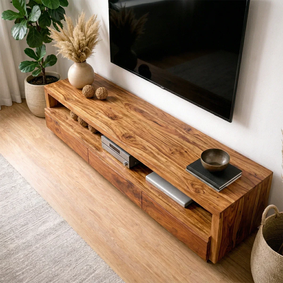Handcrafted Solid Wood TV Stand with Full-Length Open Shelf and Hidden Drawer Storage - Rustiracraft