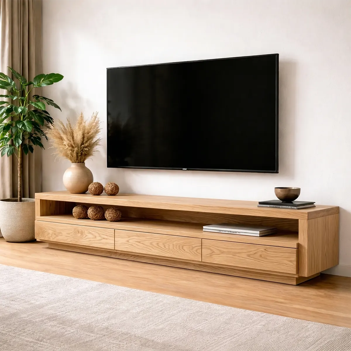 Handcrafted Solid Wood TV Stand with Full-Length Open Shelf and Hidden Drawer Storage - Rustiracraft