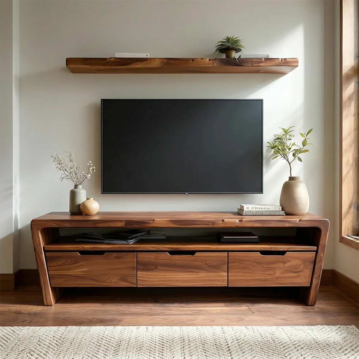 Handcrafted Solid Wood TV Stand with Rounded Frame and Hidden Drawer Storage - Rustiracraft