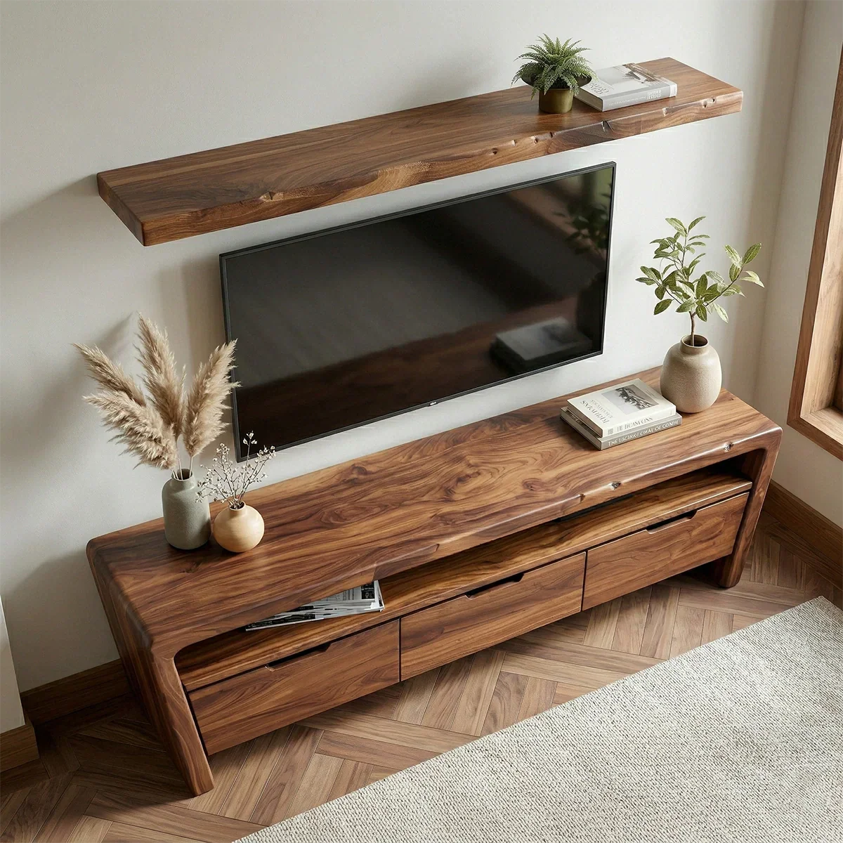 Handcrafted Solid Wood TV Stand with Rounded Frame and Hidden Drawer Storage - Rustiracraft