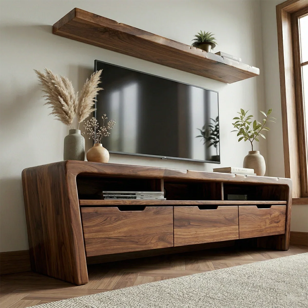 Handcrafted Solid Wood TV Stand with Rounded Frame and Hidden Drawer Storage - Rustiracraft