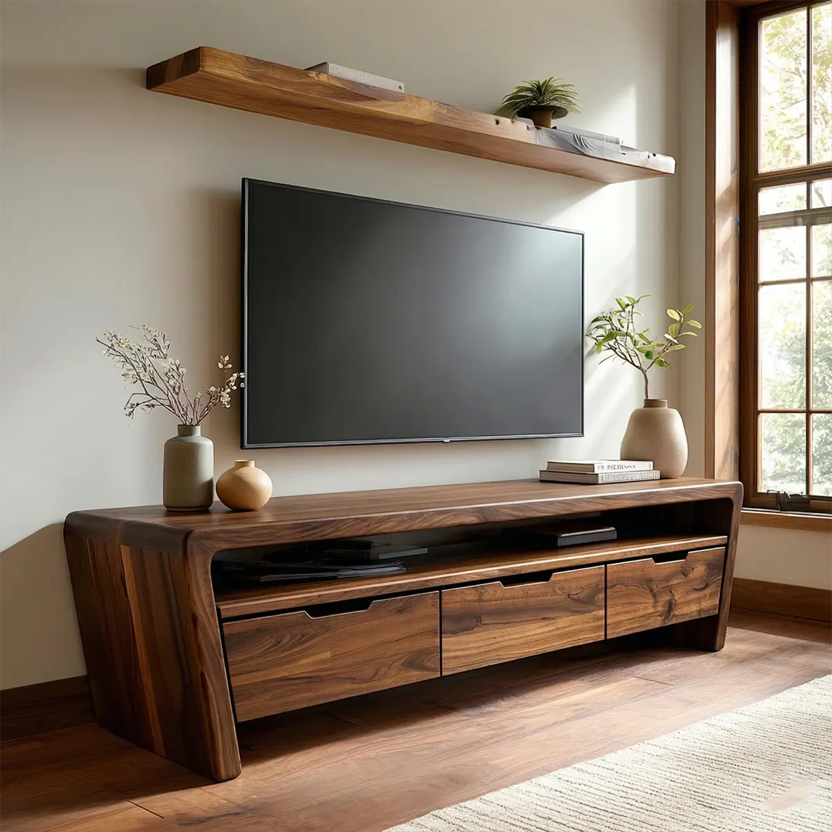 Handcrafted Solid Wood TV Stand with Rounded Frame and Hidden Drawer Storage - Rustiracraft