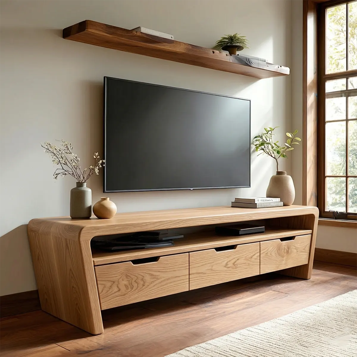 Handcrafted Solid Wood TV Stand with Rounded Frame and Hidden Drawer Storage - Rustiracraft