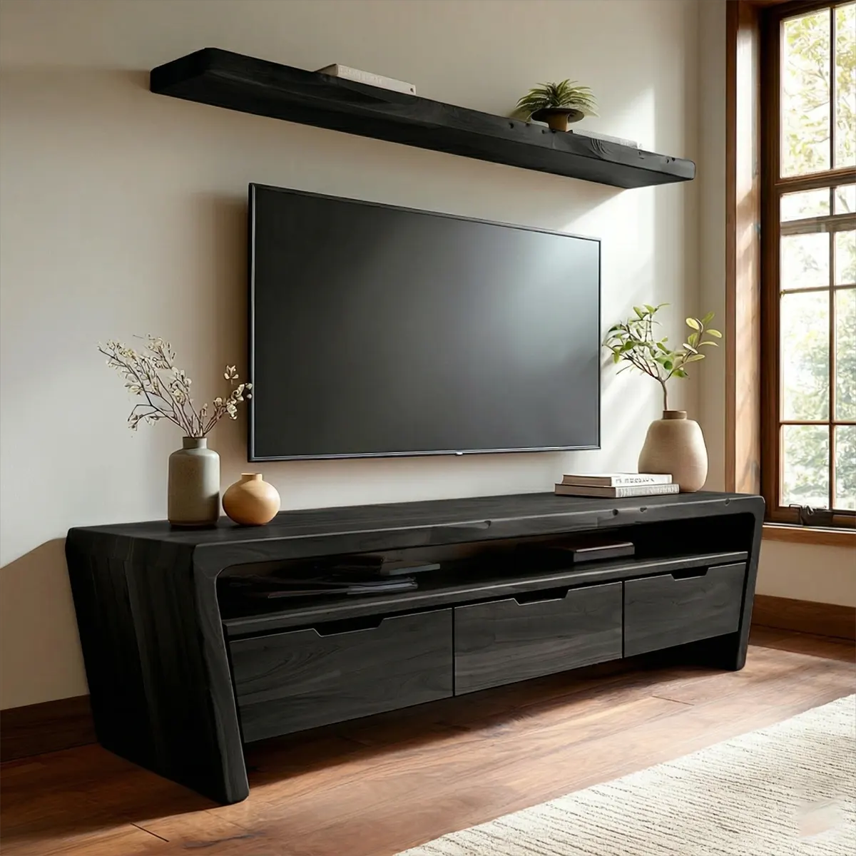 Handcrafted Solid Wood TV Stand with Rounded Frame and Hidden Drawer Storage - Rustiracraft