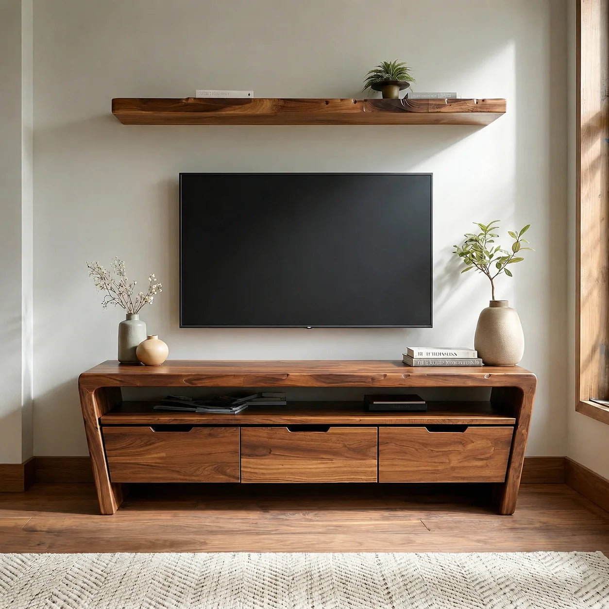 Handcrafted Solid Wood TV Stand with Rounded Frame and Hidden Drawer Storage - Rustiracraft