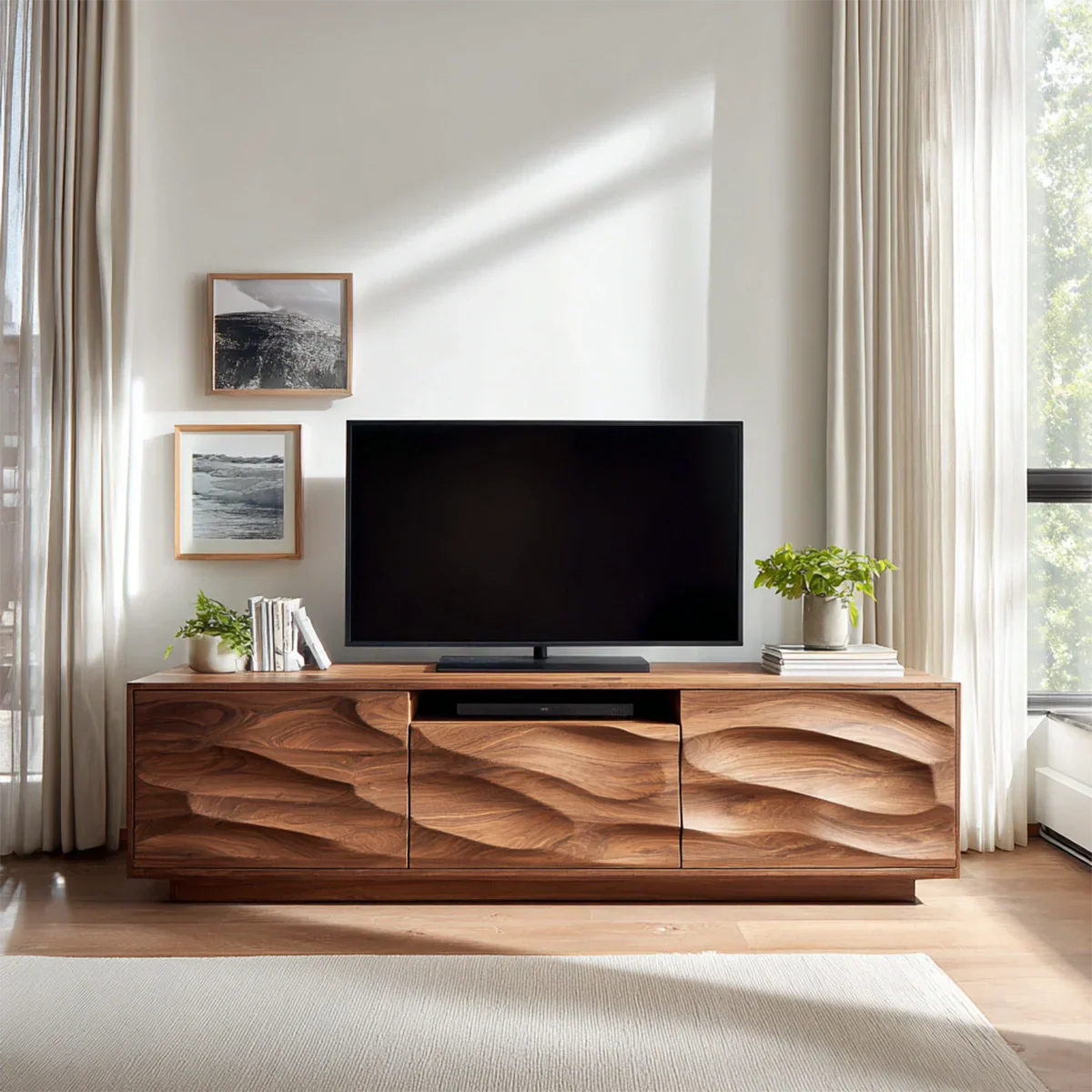 Handcrafted Solid Wood TV Stand with Sculpted Wave Cabinets and Center Media Storage - Rustiracraft