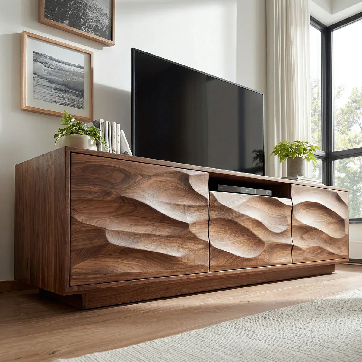 Handcrafted Solid Wood TV Stand with Sculpted Wave Cabinets and Center Media Storage - Rustiracraft