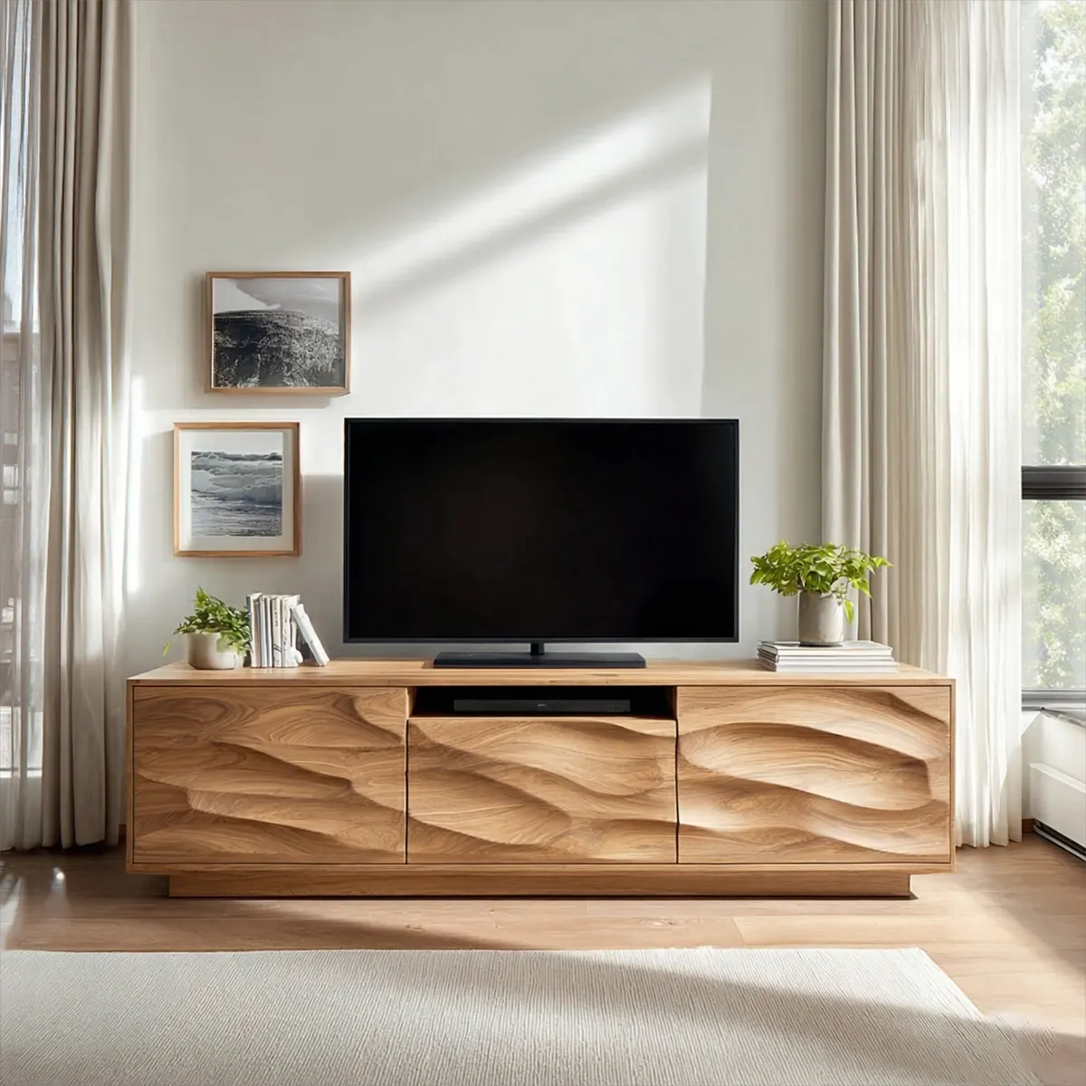 Handcrafted Solid Wood TV Stand with Sculpted Wave Cabinets and Center Media Storage - Rustiracraft