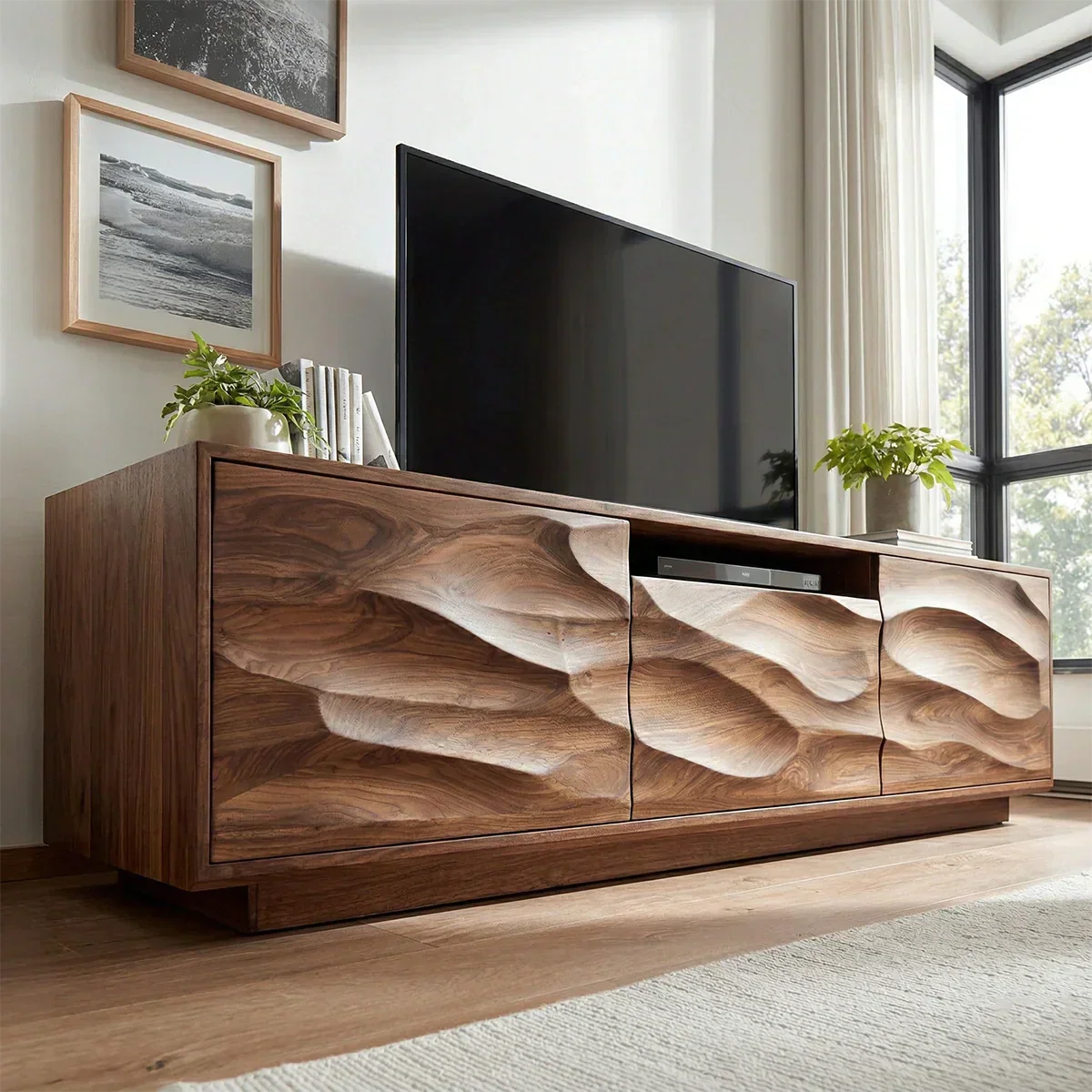Handcrafted Solid Wood TV Stand with Sculpted Wave Cabinets and Center Media Storage - Rustiracraft