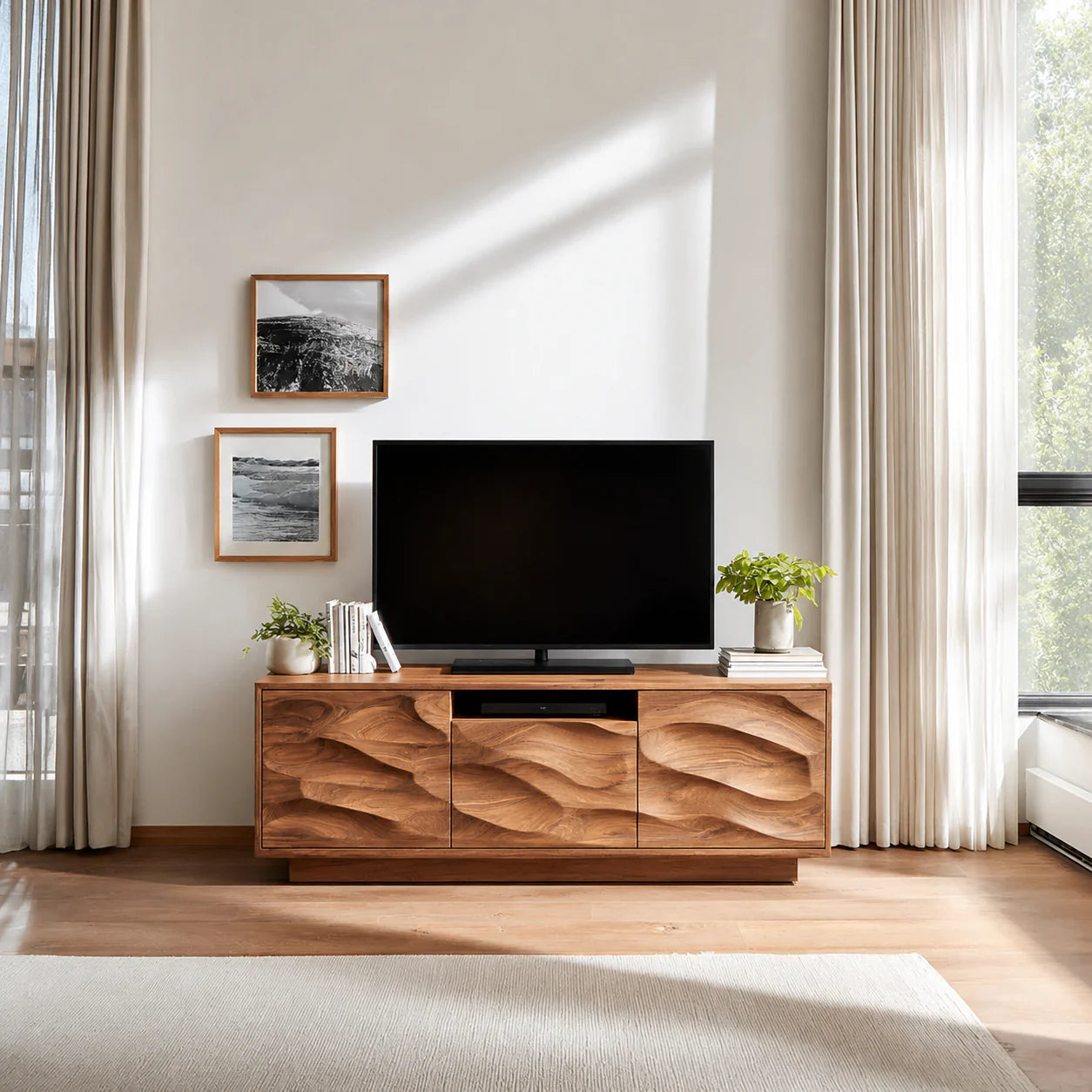 Handcrafted Solid Wood TV Stand with Sculpted Wave Cabinets and Center Media Storage - Rustiracraft