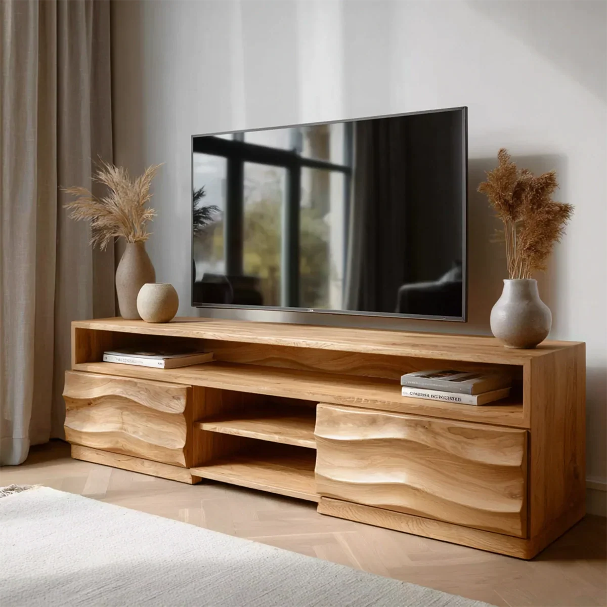 Handcrafted Solid Wood TV Stand with Sculpted Wave Cabinets and Layered Open Shelving - Rustiracraft