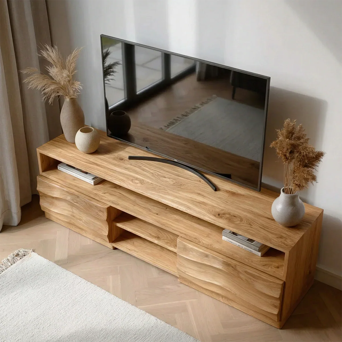 Handcrafted Solid Wood TV Stand with Sculpted Wave Cabinets and Layered Open Shelving - Rustiracraft