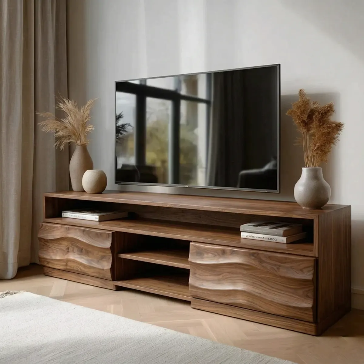 Handcrafted Solid Wood TV Stand with Sculpted Wave Cabinets and Layered Open Shelving - Rustiracraft