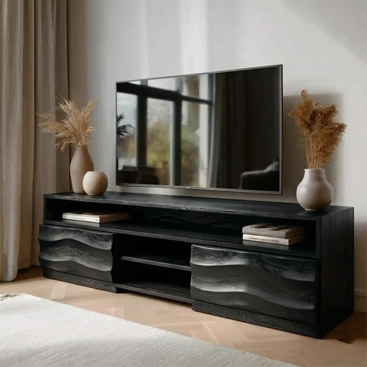 Handcrafted Solid Wood TV Stand with Sculpted Wave Cabinets and Layered Open Shelving - Rustiracraft