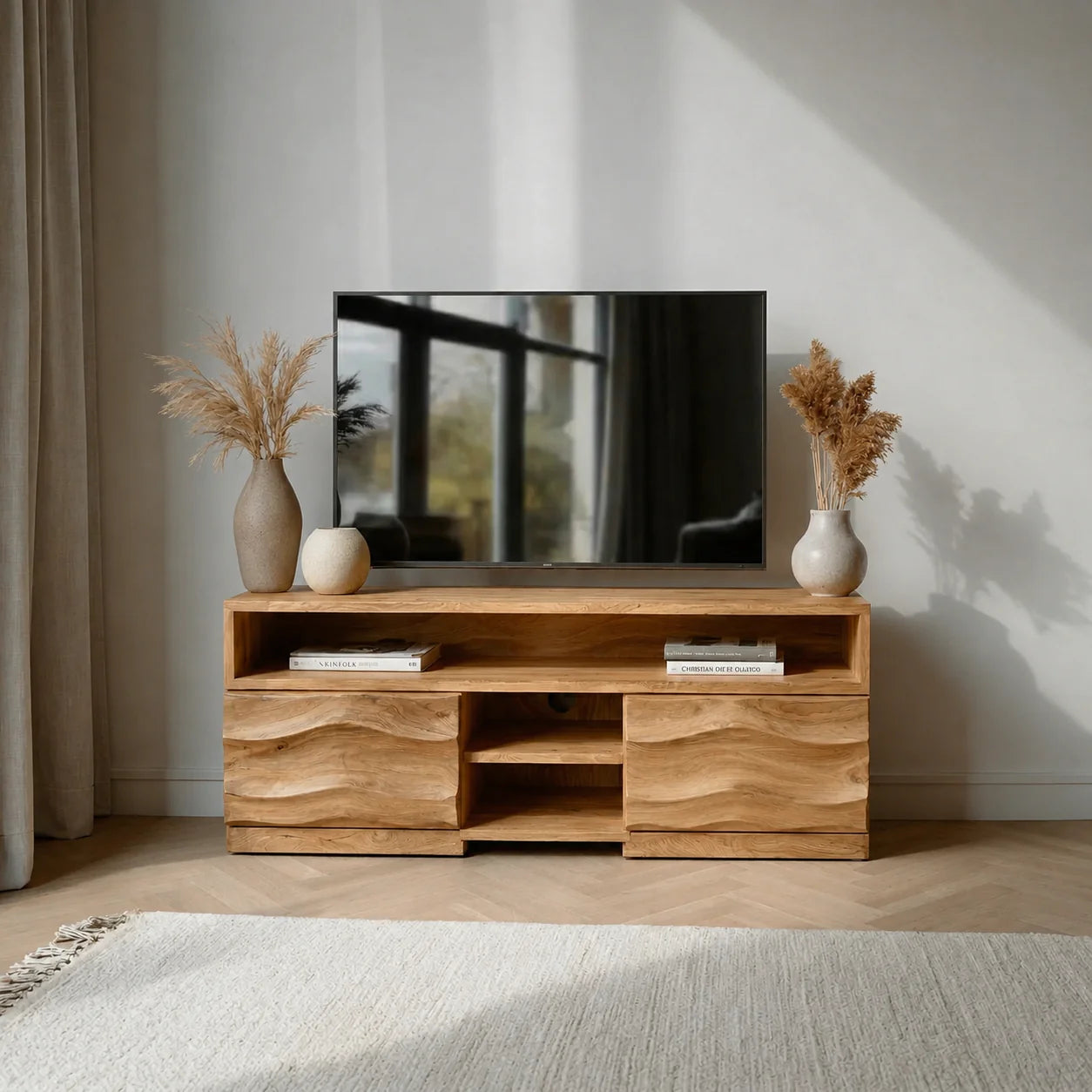 Handcrafted Solid Wood TV Stand with Sculpted Wave Cabinets and Layered Open Shelving - Rustiracraft