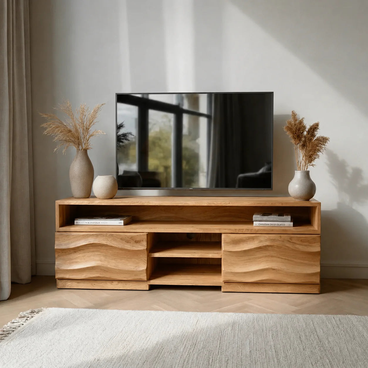 Handcrafted Solid Wood TV Stand with Sculpted Wave Cabinets and Layered Open Shelving - Rustiracraft