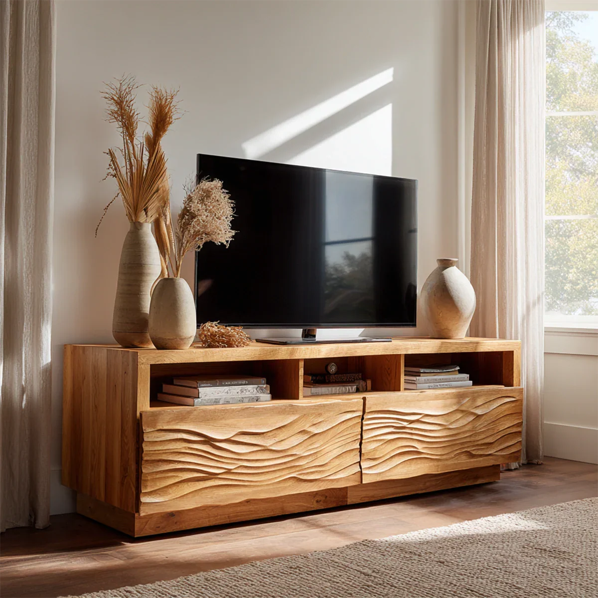 Handcrafted Solid Wood TV Stand with Sculpted Wave Doors and Open Media Compartments - Rustiracraft