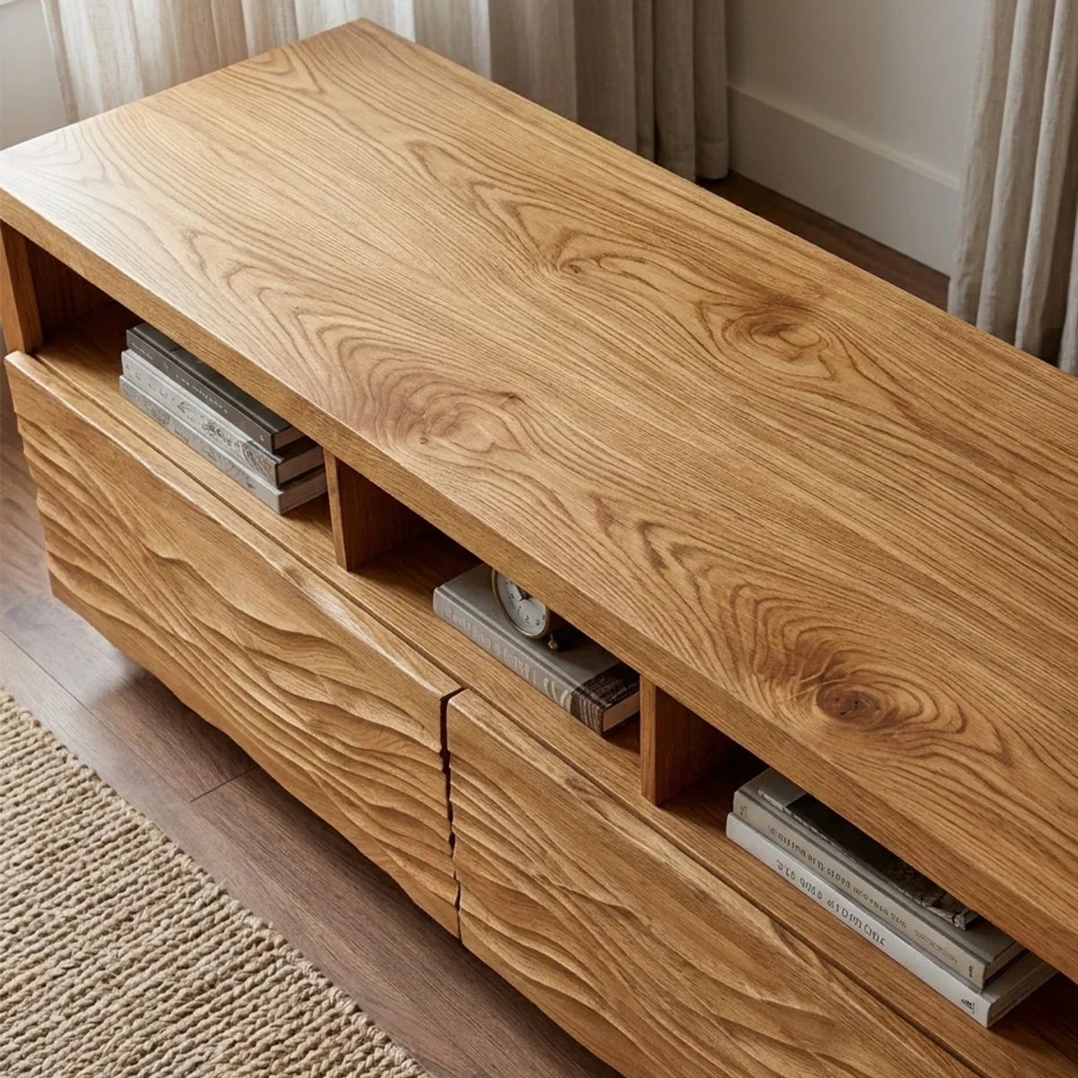 Handcrafted Solid Wood TV Stand with Sculpted Wave Doors and Open Media Compartments - Rustiracraft