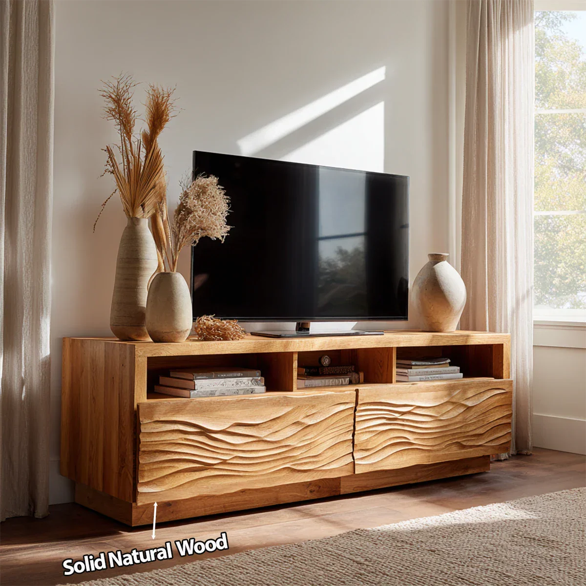 Handcrafted Solid Wood TV Stand with Sculpted Wave Doors and Open Media Compartments - Rustiracraft