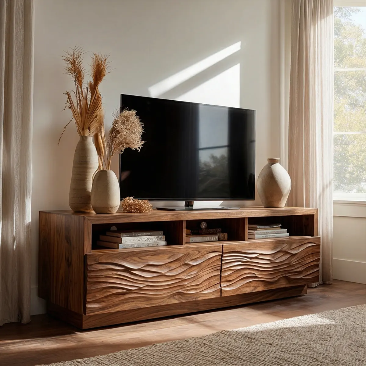 Handcrafted Solid Wood TV Stand with Sculpted Wave Doors and Open Media Compartments - Rustiracraft