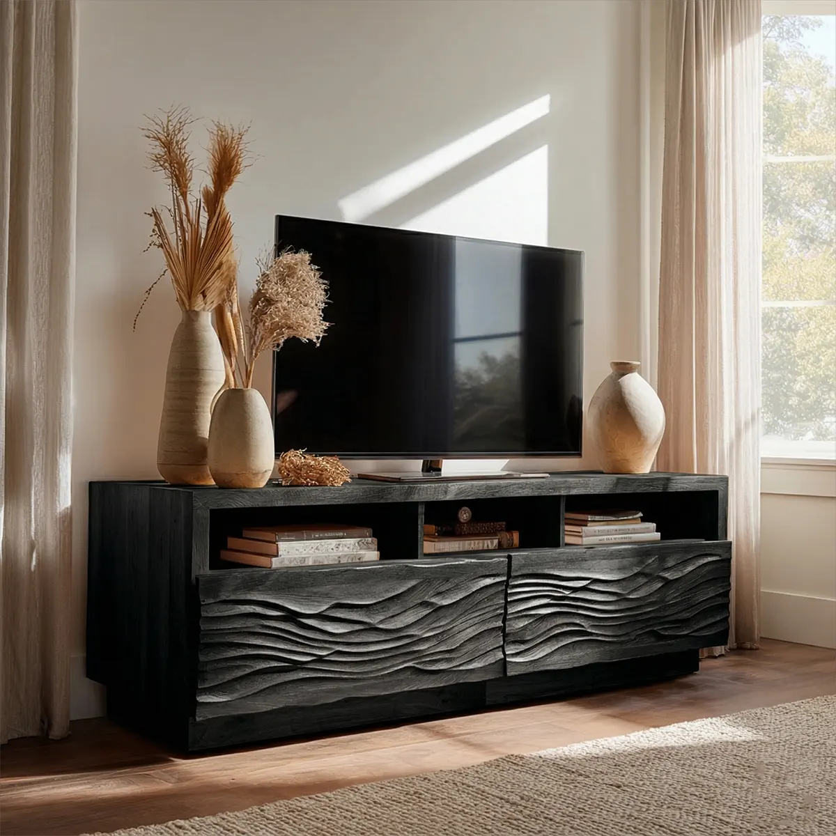 Handcrafted Solid Wood TV Stand with Sculpted Wave Doors and Open Media Compartments - Rustiracraft