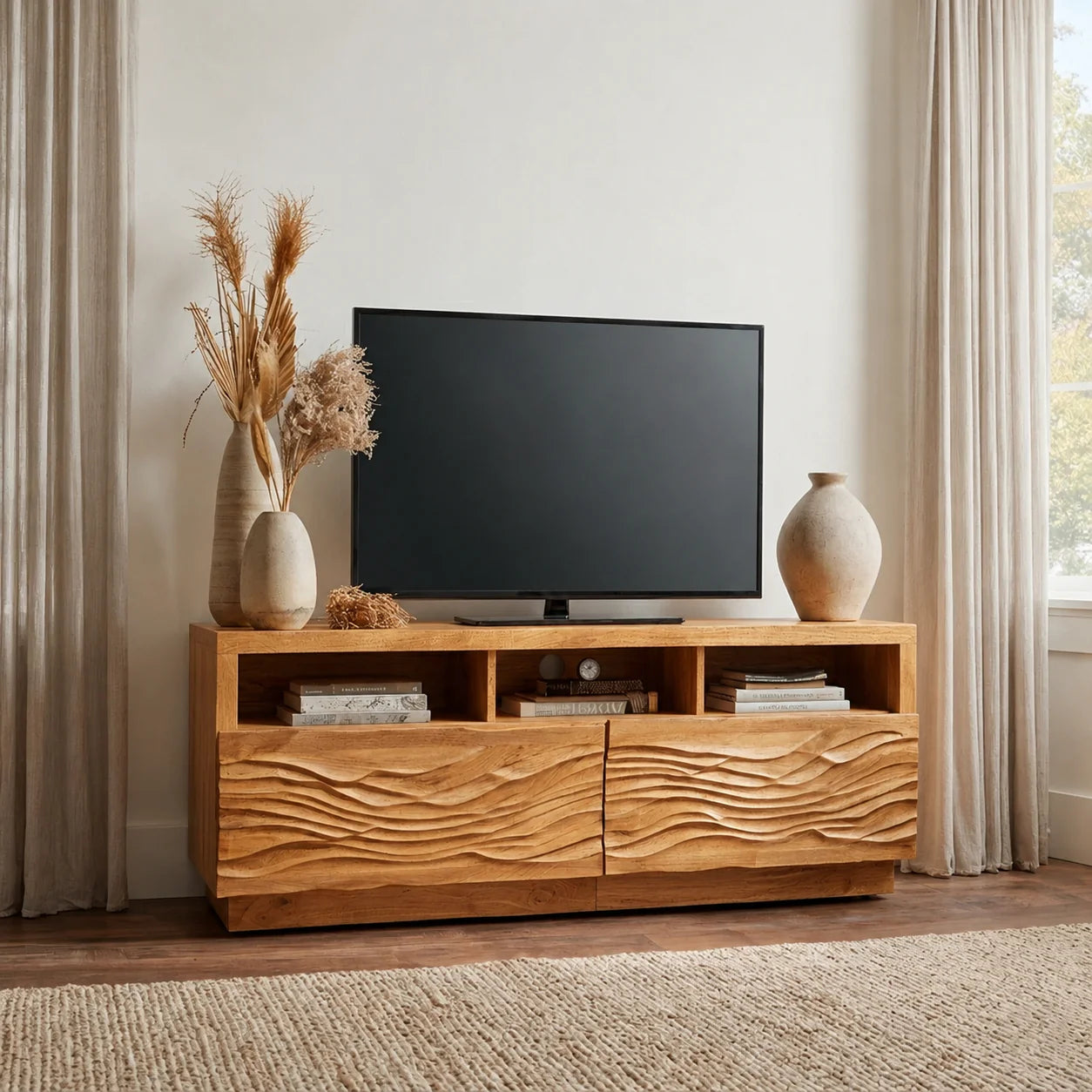 Handcrafted Solid Wood TV Stand with Sculpted Wave Doors and Open Media Compartments - Rustiracraft