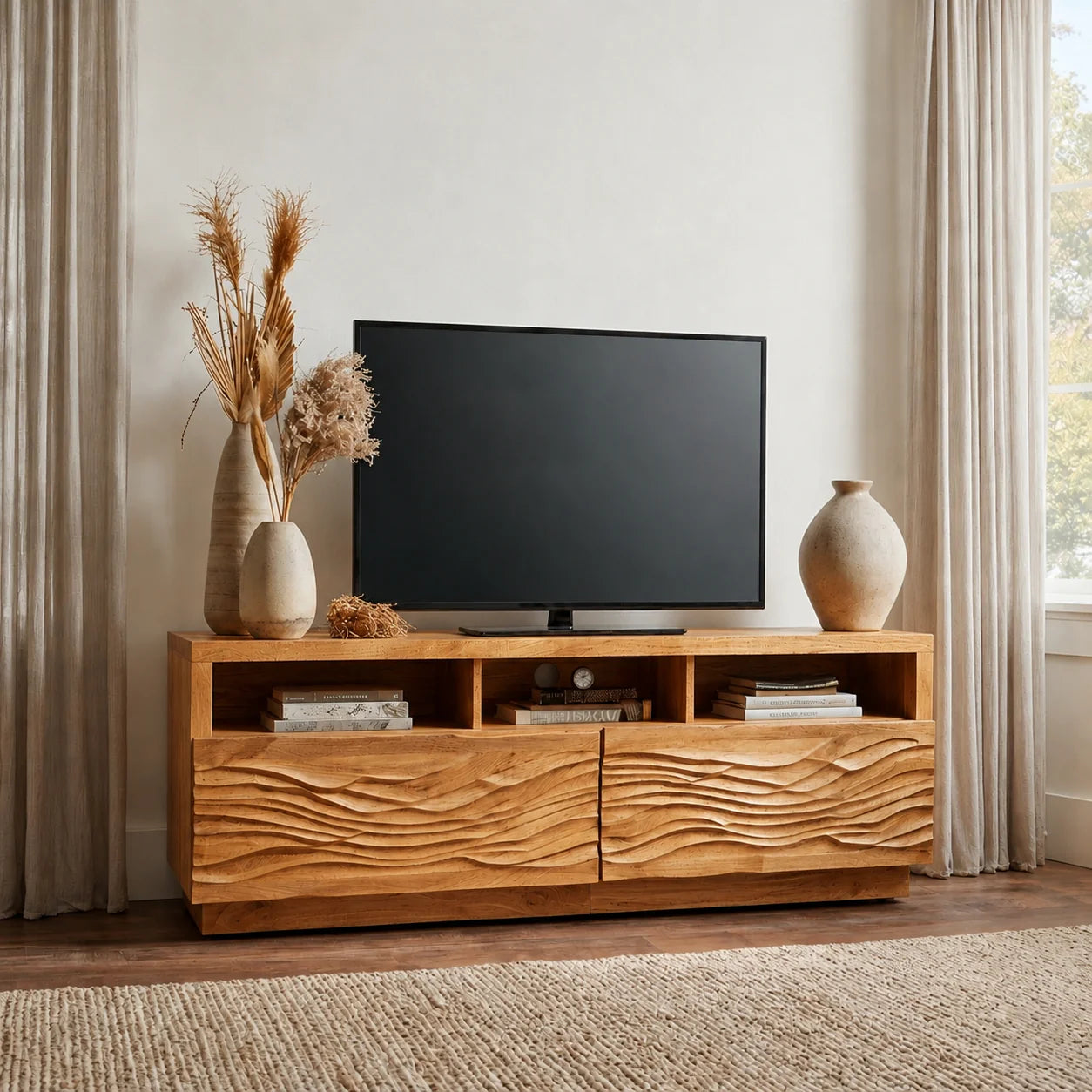 Handcrafted Solid Wood TV Stand with Sculpted Wave Doors and Open Media Compartments - Rustiracraft