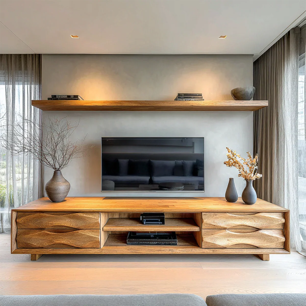 Handcrafted Solid Wood TV Stand with Sculpted Wave Drawers and Center Media Storage - Rustiracraft