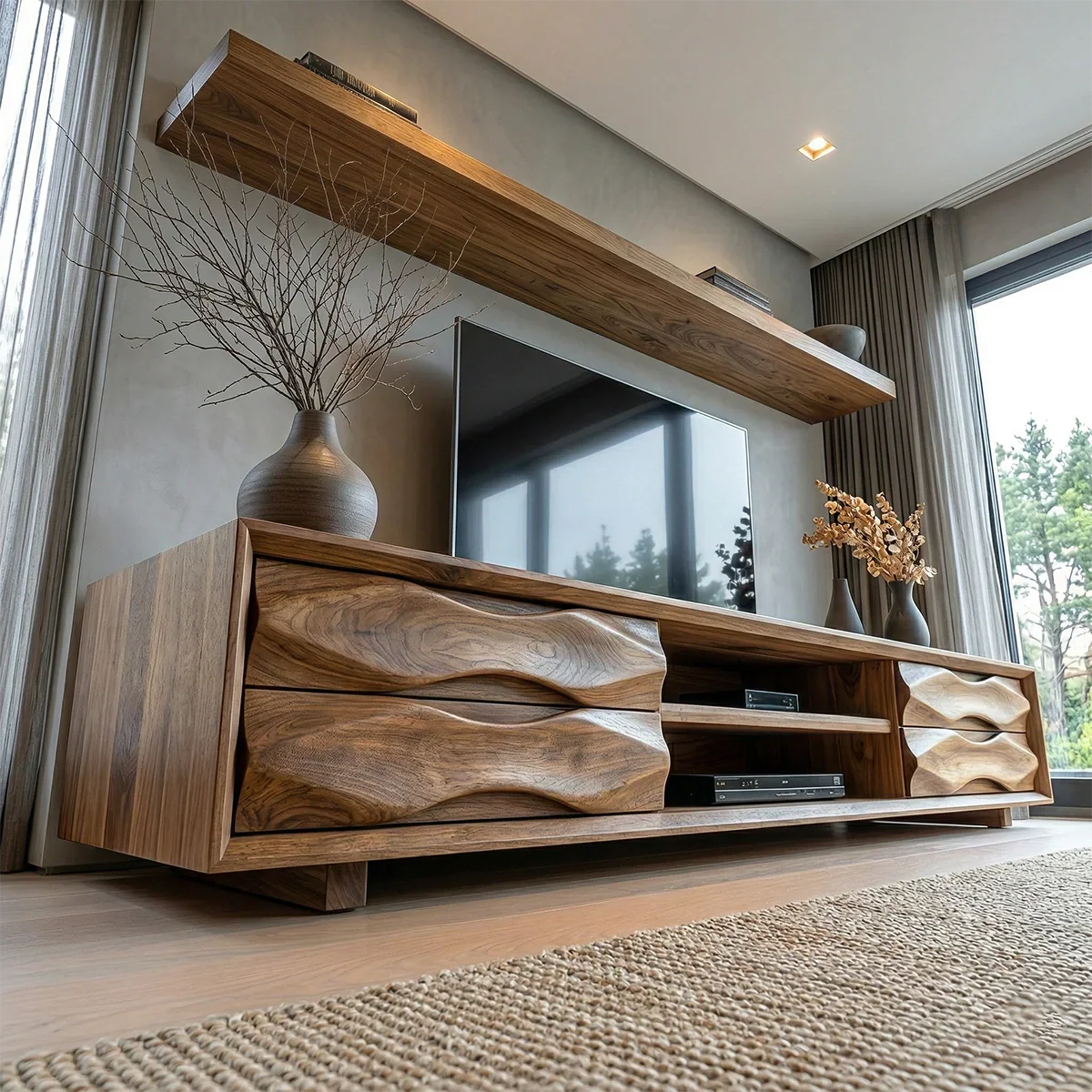 Handcrafted Solid Wood TV Stand with Sculpted Wave Drawers and Center Media Storage - Rustiracraft