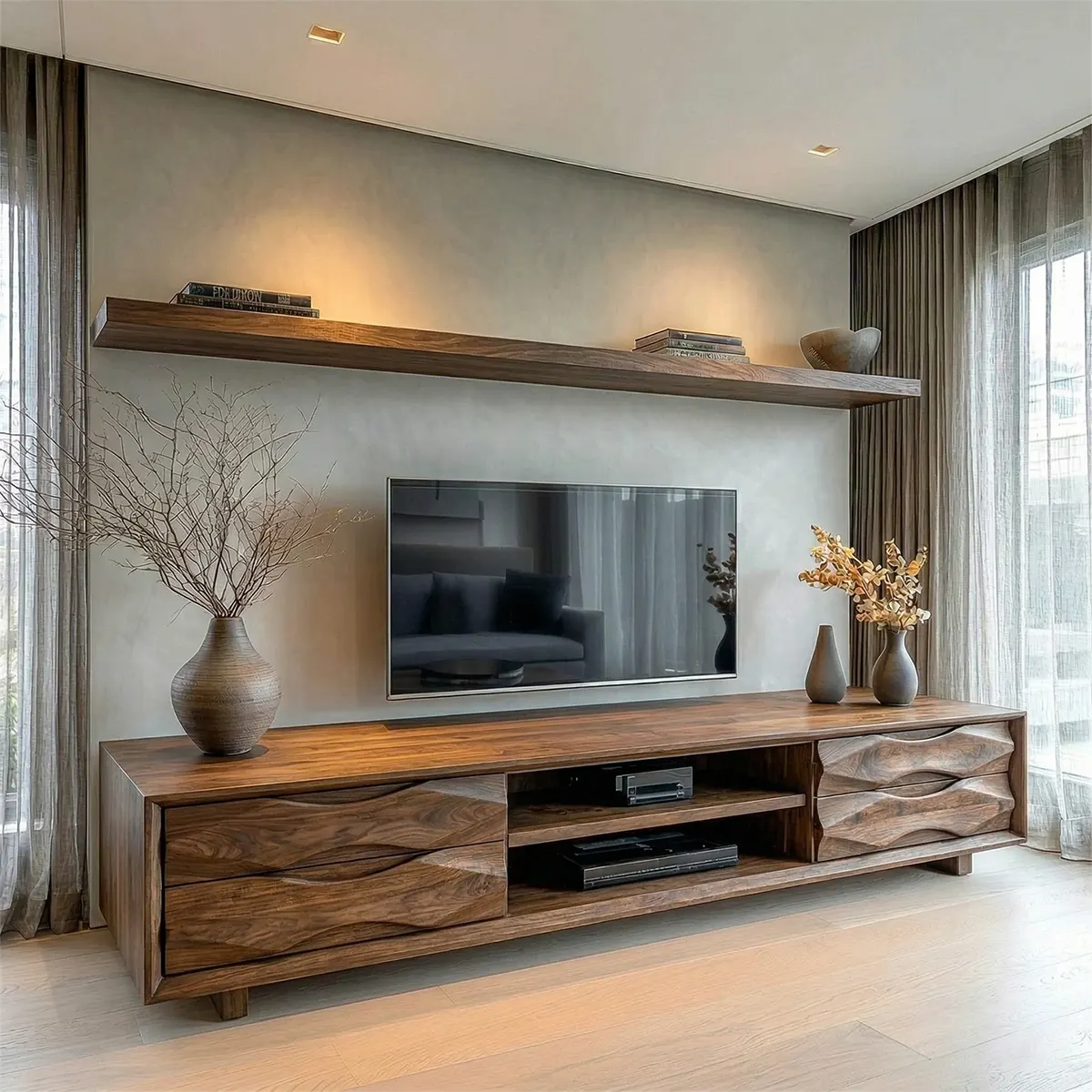 Handcrafted Solid Wood TV Stand with Sculpted Wave Drawers and Center Media Storage - Rustiracraft
