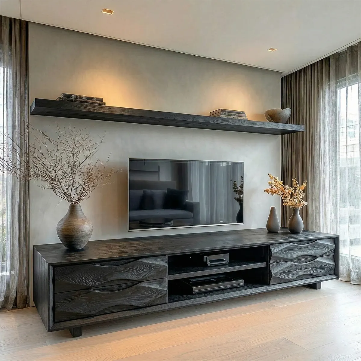 Handcrafted Solid Wood TV Stand with Sculpted Wave Drawers and Center Media Storage - Rustiracraft