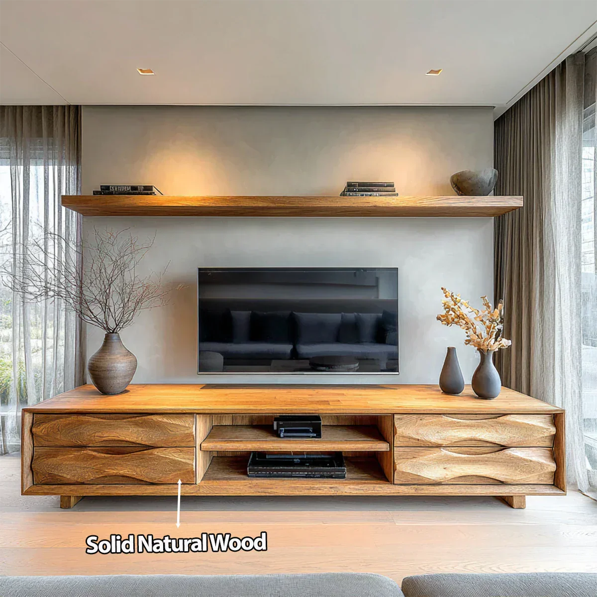 Handcrafted Solid Wood TV Stand with Sculpted Wave Drawers and Center Media Storage - Rustiracraft