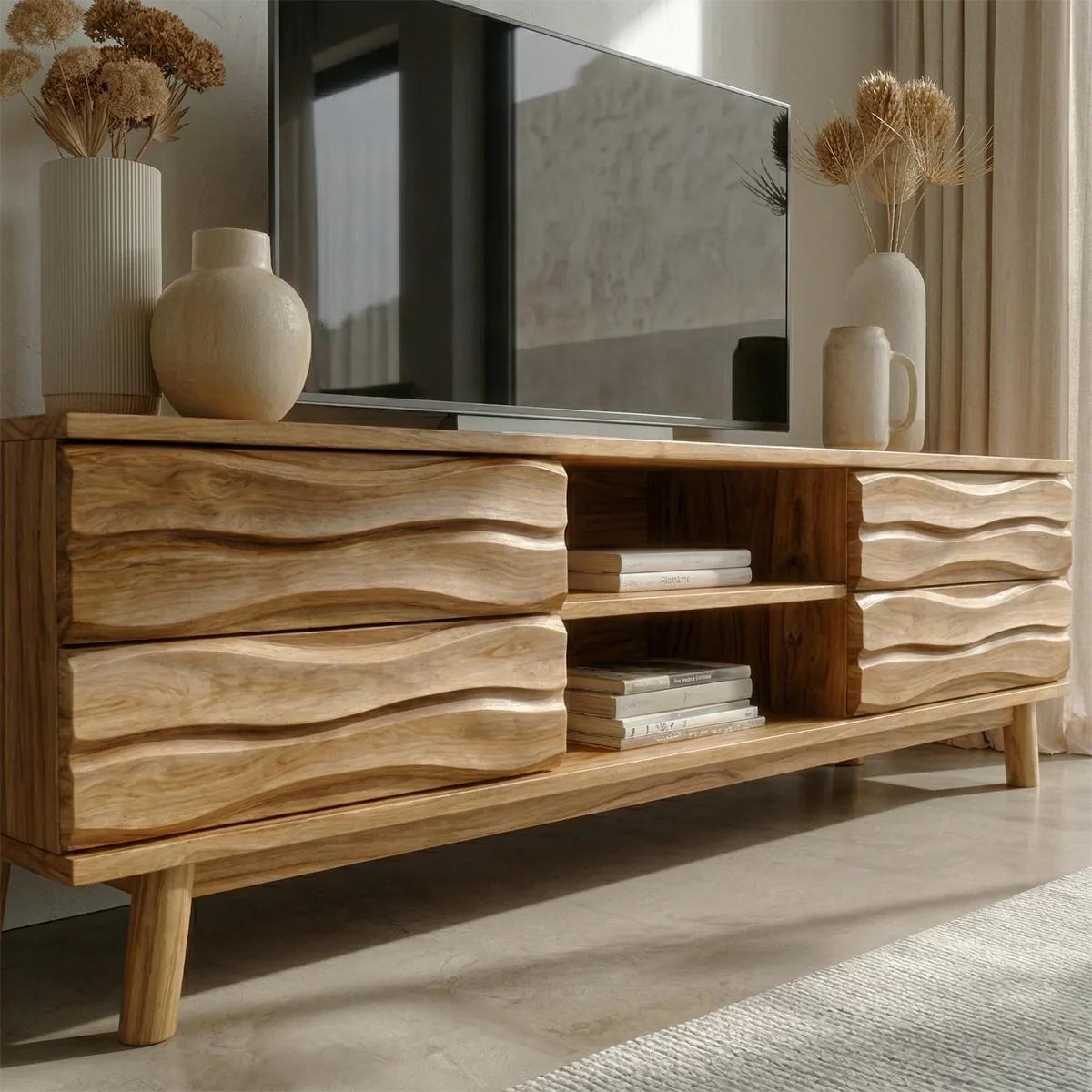 Handcrafted Solid Wood TV Stand with Sculpted Wave Drawers and Center Open Shelving - Rustiracraft