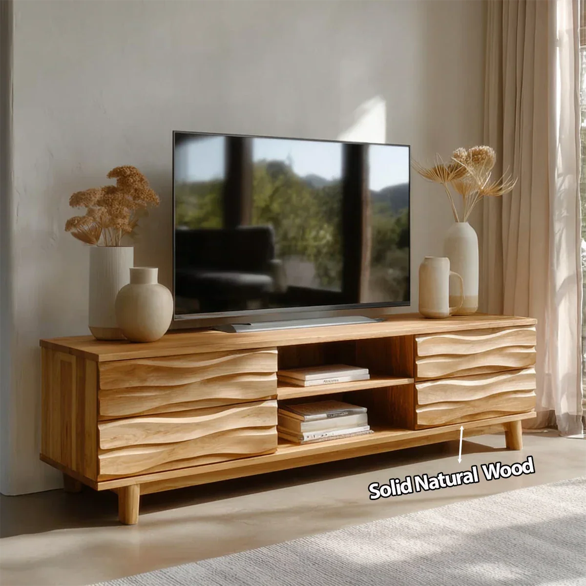 Handcrafted Solid Wood TV Stand with Sculpted Wave Drawers and Center Open Shelving - Rustiracraft