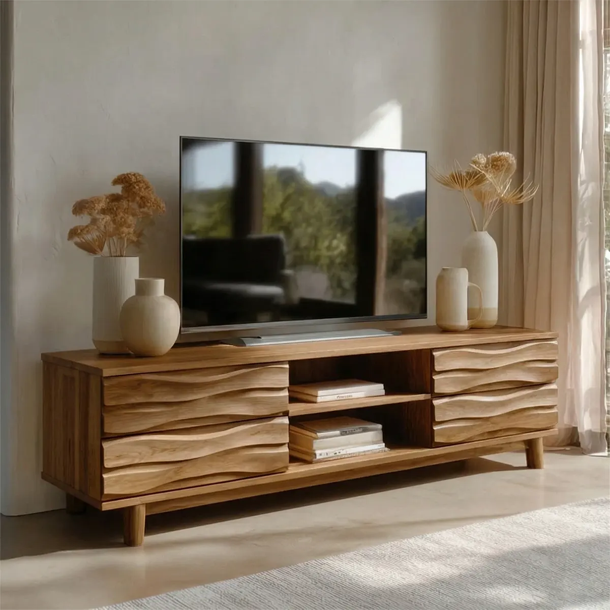 Handcrafted Solid Wood TV Stand with Sculpted Wave Drawers and Center Open Shelving - Rustiracraft