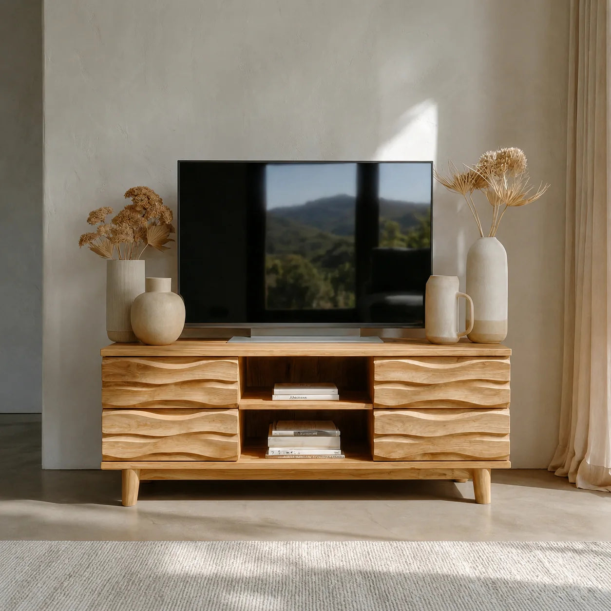 Handcrafted Solid Wood TV Stand with Sculpted Wave Drawers and Center Open Shelving - Rustiracraft