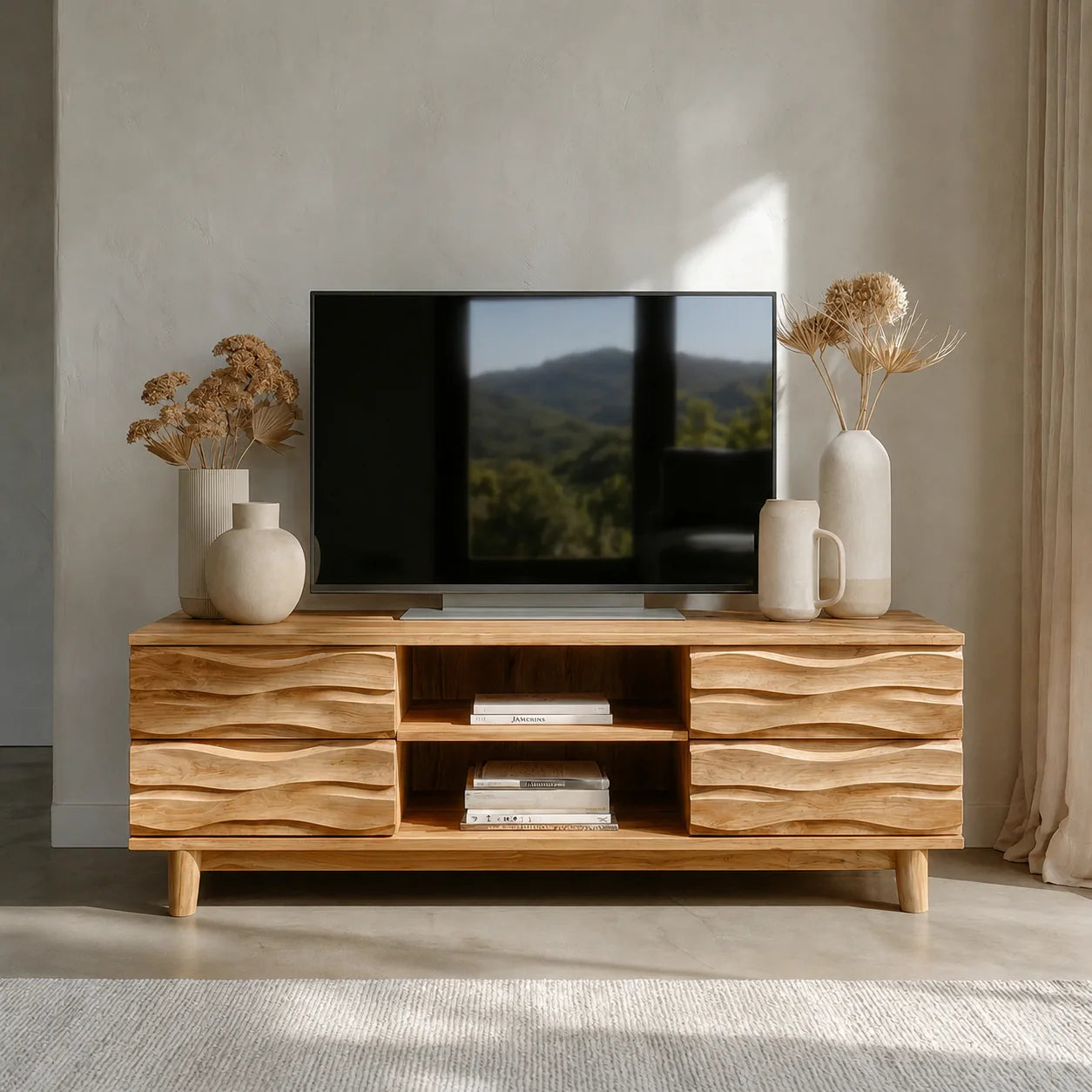 Handcrafted Solid Wood TV Stand with Sculpted Wave Drawers and Center Open Shelving - Rustiracraft