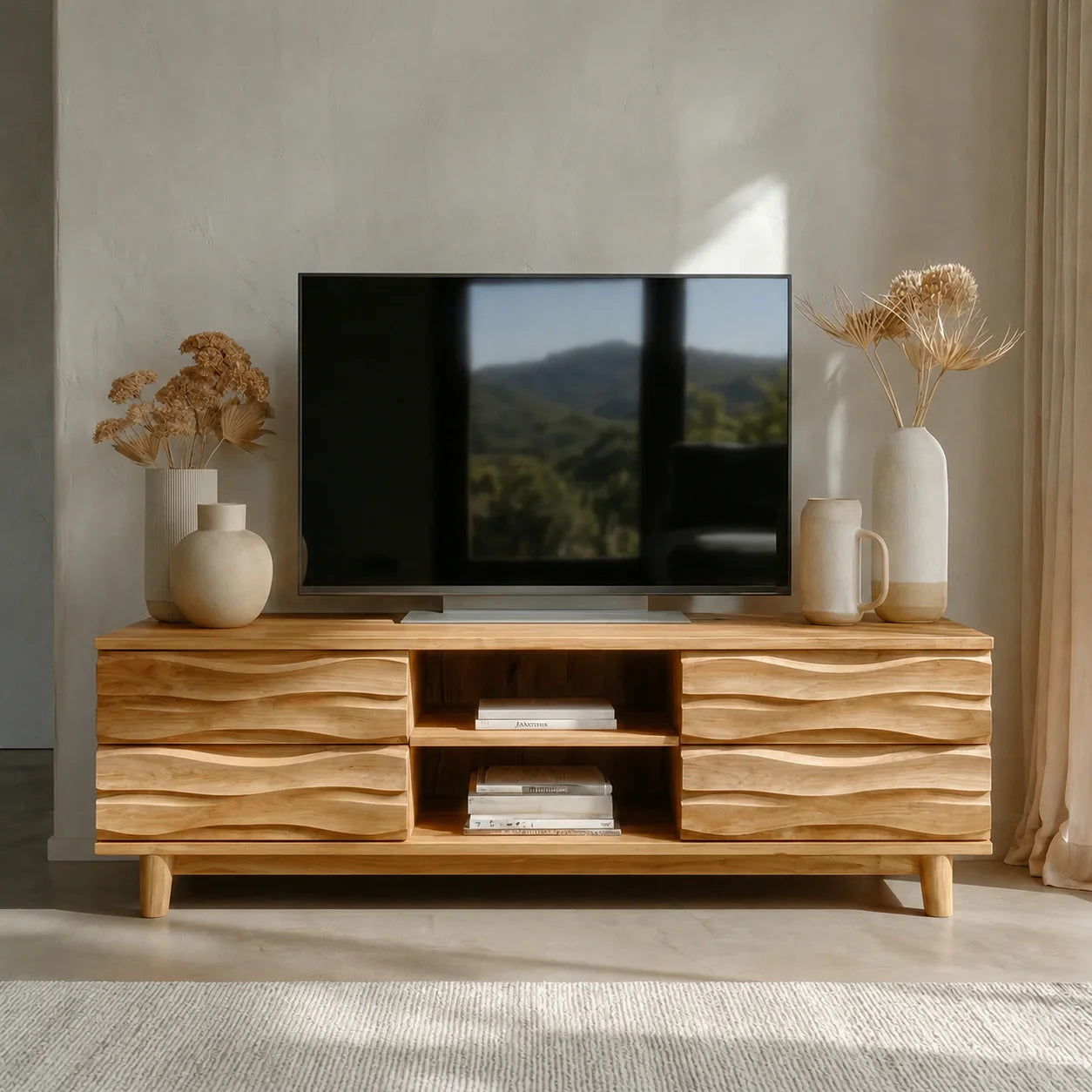 Handcrafted Solid Wood TV Stand with Sculpted Wave Drawers and Center Open Shelving - Rustiracraft