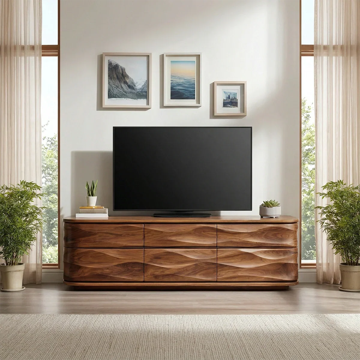 Handcrafted Solid Wood TV Stand with Sculpted Wave Drawers and Full Storage Cabinet - Rustiracraft