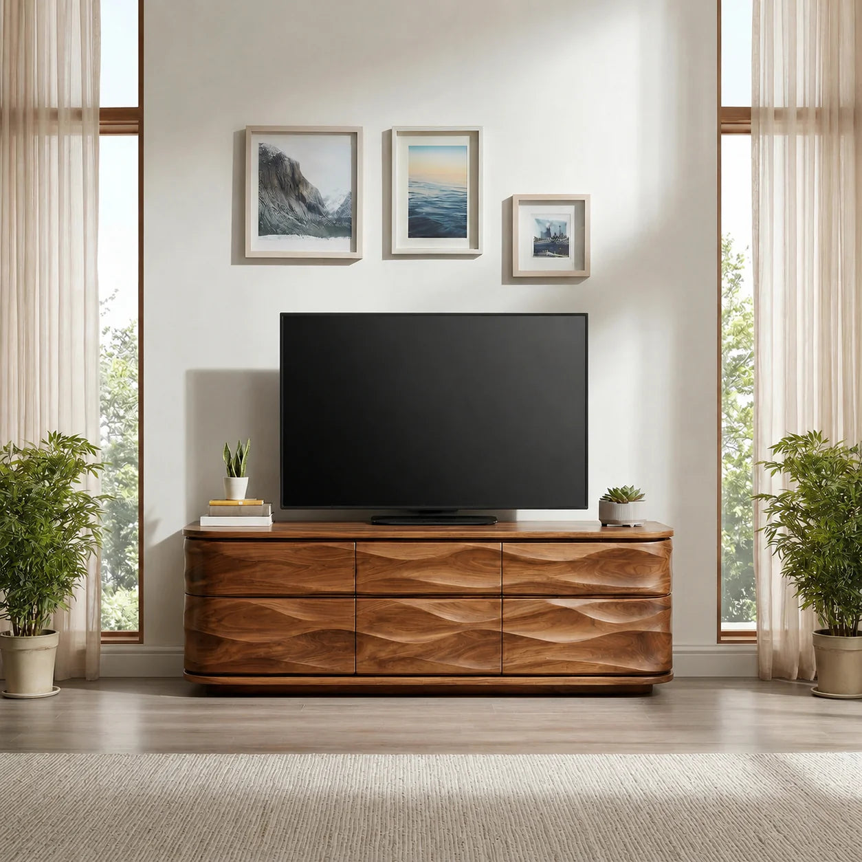 Handcrafted Solid Wood TV Stand with Sculpted Wave Drawers and Full Storage Cabinet - Rustiracraft